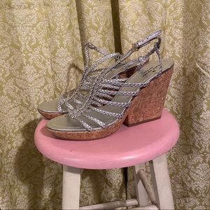 Woven silver Kate Spade cork wedges 9.5